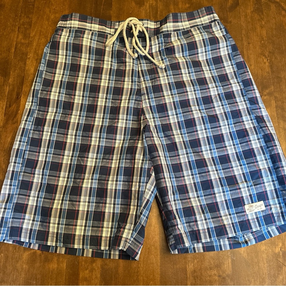 Chaps Board Swimming Trunk Shorts L Large Blue Patriotic USA Preppy Plaid Summer